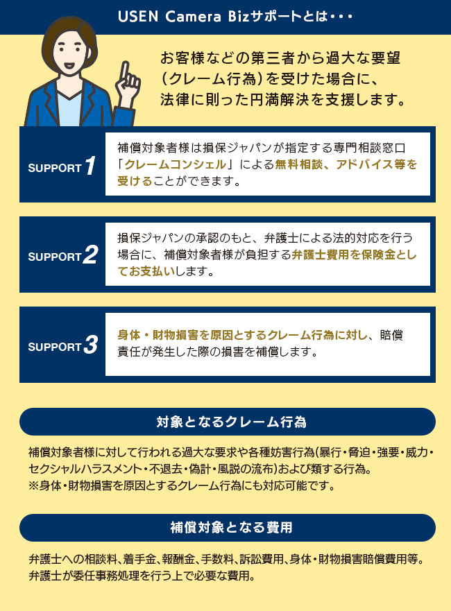 USEN Camera Bizサポートは、お客様などの第三者から過大な要望（クレーム行為）を受けた場合に、法律に則った円満解決を支援するサービスです。