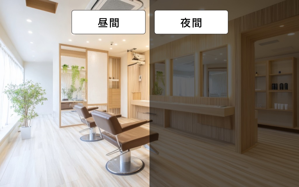 夜間の美容室店内（防犯・セキュリティ対策）